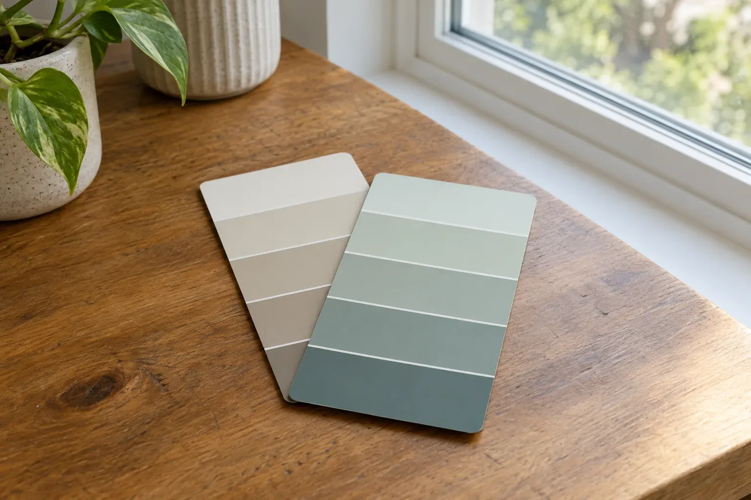 Duas cartelas de cores espalhadas sobre uma mesa de madeira junto a uma janela