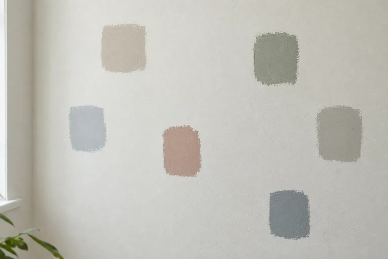 Parede interior com amostras de cor pintadas em manchas a alturas diferentes