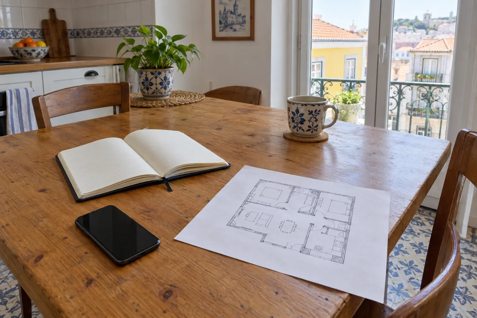 Mesa de madeira com um telemóvel, um caderno aberto e uma planta de casa desenhada à mão
