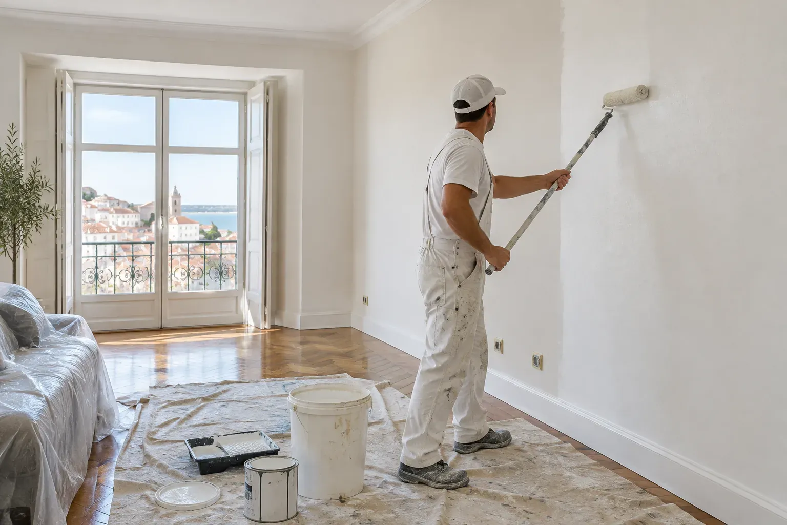 Pintor com um rolo de tinta numa sala clara de um apartamento, com caixas de tinta e um pano no chão