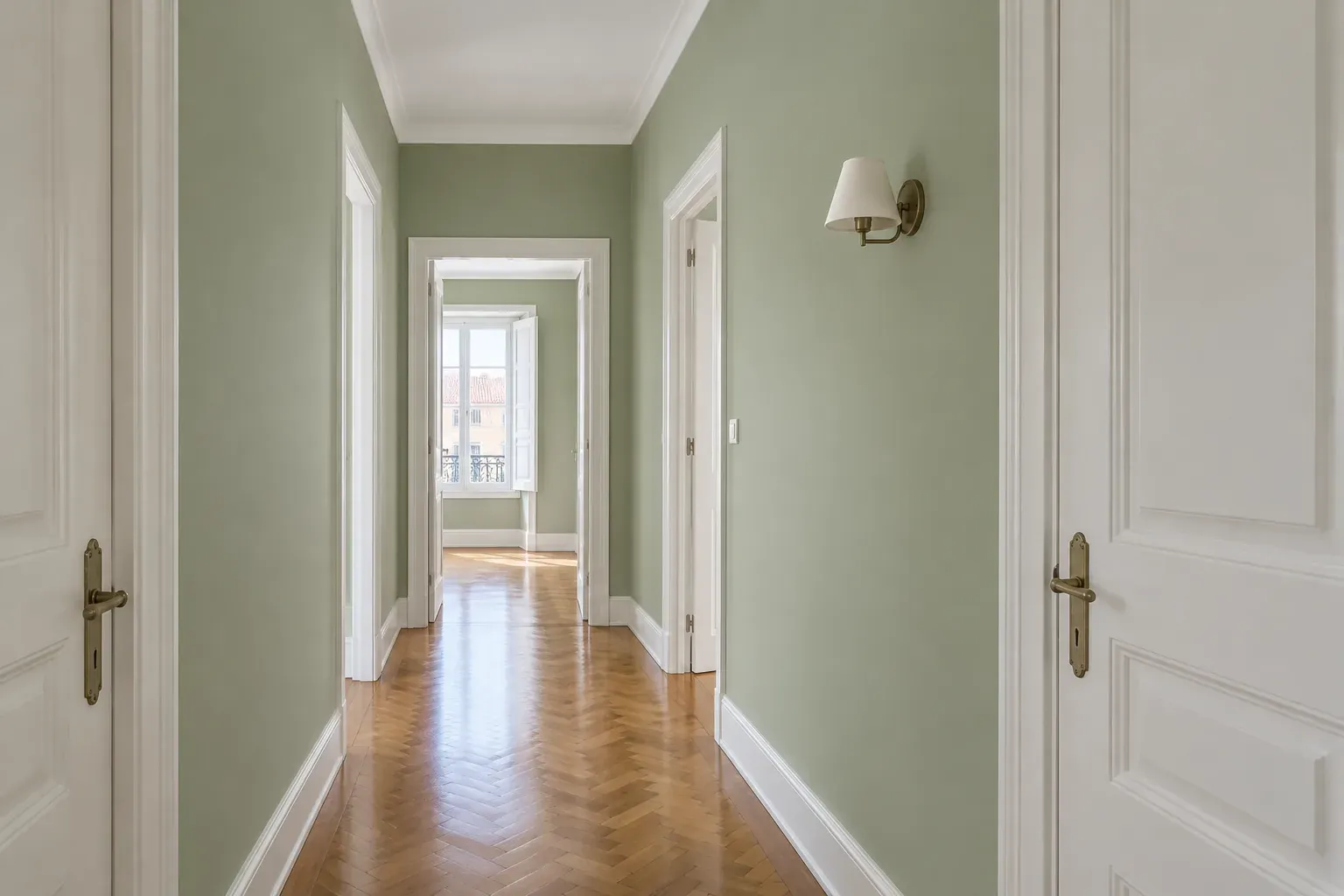 Exemplo de trabalho: corredor com paredes pintadas de verde-sálvia