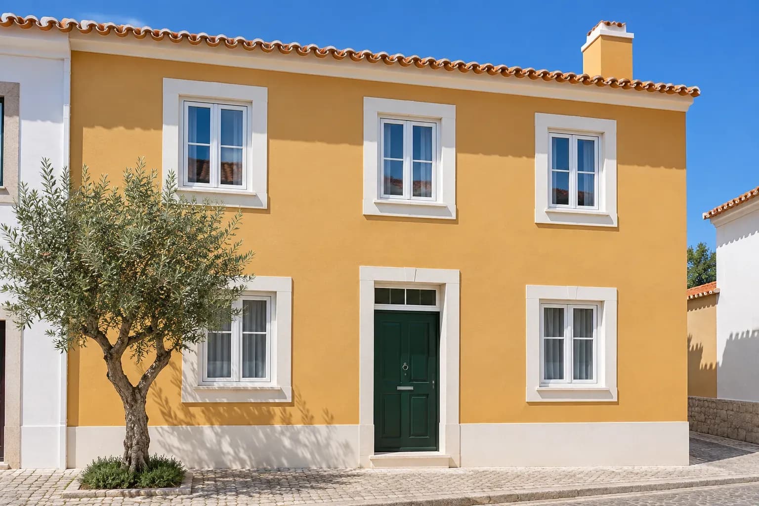 Exemplo de trabalho: fachada de moradia pintada de ocre, com caixilhos brancos