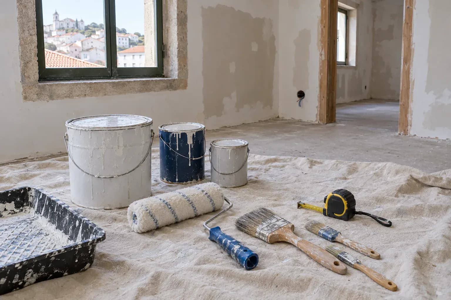 Latas de tinta, rolo, pincéis e fita métrica pousados num pano numa sala por acabar