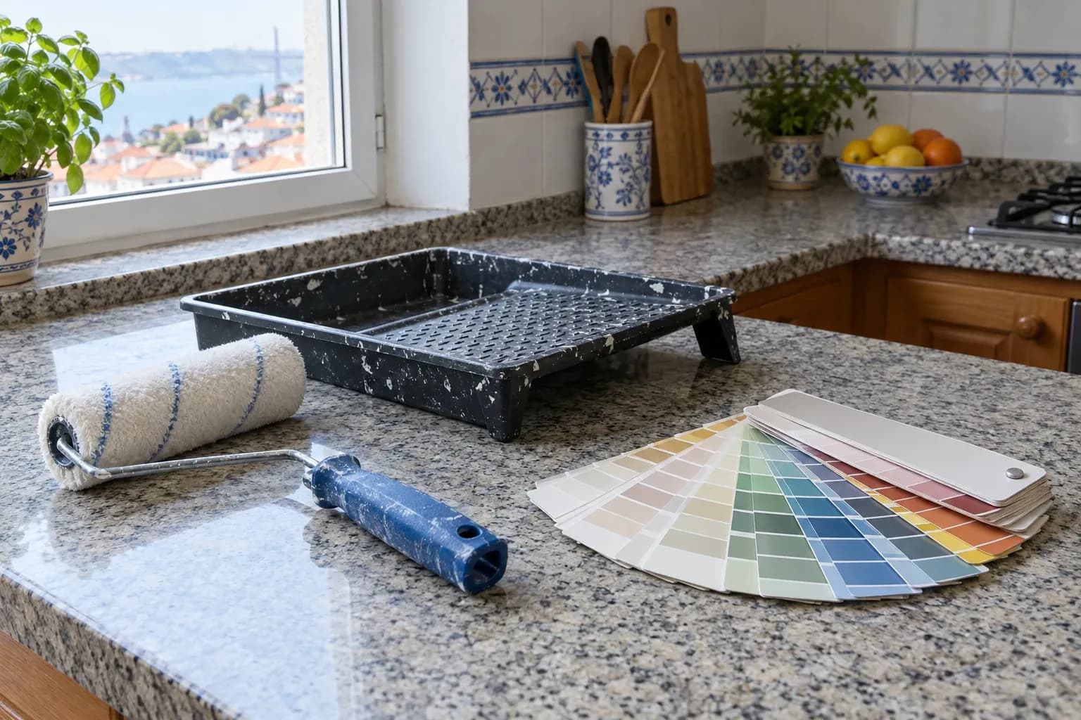 Balcão de cozinha com um rolo de pintura, um tabuleiro e um leque de amostras de cor